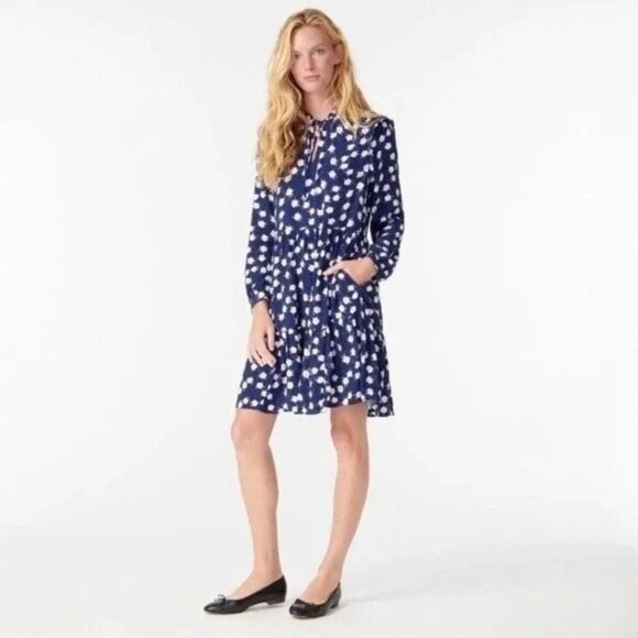 J. Crew Navy Blue Floral Print Long Sleeve Tiered Mini Dress - Picture 2 of 16